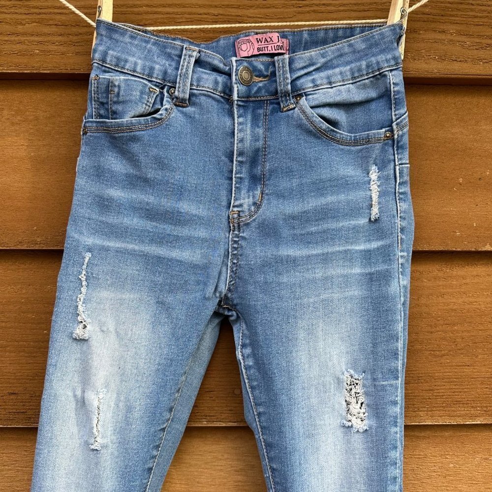 Wax Jeans 'Butt I Love you' Distressed Skinny Mid-Rise Denim Medium Blue Wash - Picture 2 of 13